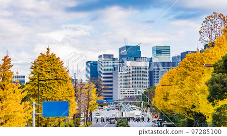 東京的建築物和色彩鮮豔的銀杏樹 東京的建築物和色彩鮮豔的銀杏樹 97285100