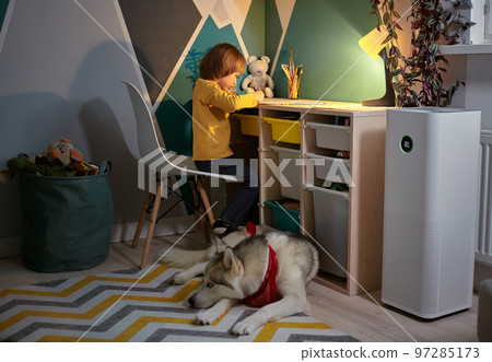 Air purifier in the children's room with an allergy child and a dog Air purifier in the children's room with an allergy child and a dog 97285173