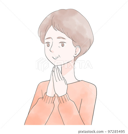 一位老年婦女雙手合十大笑的插圖（水彩風格） 97285495