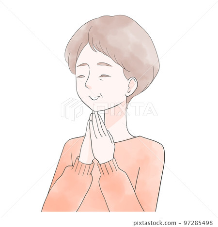 Illustration of a senior woman smiling with her hands together (anime painting) (watercolor style) 97285498