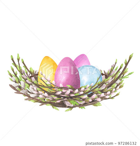 Willow spring nest watercolor with colored eggs isolated on white. Hand drawing Easter illustration design Willow spring nest watercolor with colored eggs isolated on white. Hand drawing Easter illustration design 97286132