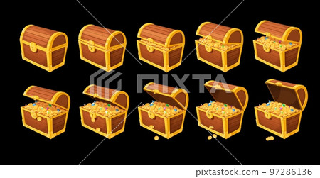 Cartoon treasure chest box animation. Golden coins and gemstones in pirate chest. Old vector wooden casket with gold and gems isolated set. Ancient container with loot opening sprite sheet, game asset 97286136