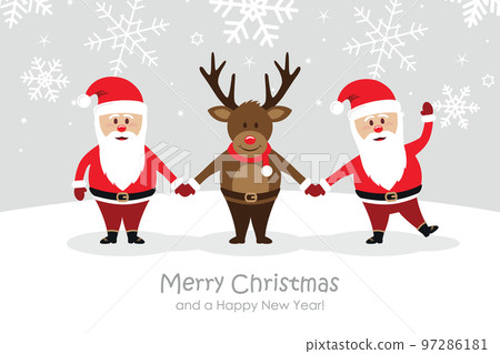 christmas greeting card with cute santa and deer on snowy background christmas greeting card with cute santa and deer on snowy background 97286181