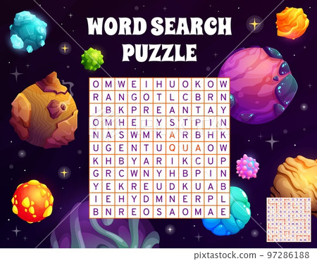 Cartoon space planets and stars word search puzzle game worksheet, kids quiz grid. Vector crossword brainteaser for children with alien world in cosmos latin letters at square field, word task riddle 97286188