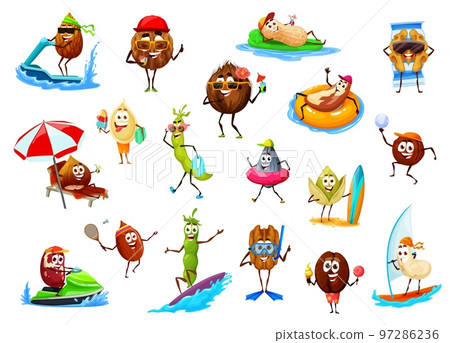 Cartoon nuts and beans on summer vacation. Vector almond, coconut, peanut and walnut, sunflower or pumpkin seed, pecan, brazil, cashew and pistachio, pea and hazelnut, macadamia funny characters 97286236