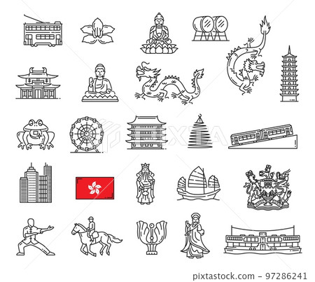 Hong Kong landmark and travel outline icons. Hong Kong doubledecker tram, buddha monument and dragon, pagoda, buddhism temple and skyscraper, flag, coat of arms, ferry and funicular, Mazu goddess 97286241