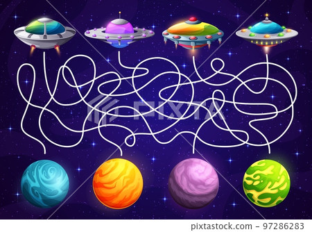Space labyrinth maze help to ufo find a planet. Kids vector worksheet with alien saucers and tangled path in cosmos. Educational children board game with cartoon planets and extraterrestrial shuttles 97286283