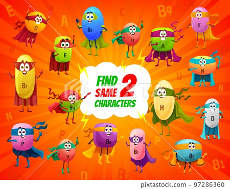 Find two same cartoon superhero micronutrient vitamin characters. Objects difference spotting child puzzle, vector quiz or game worksheet with A, B, C and E, U, K vitamin superhero cute personages Find two same cartoon superhero micronutrient vitamin characters. Objects difference spotting child puzzle, vector quiz or game worksheet with A, B, C and E, U, K vitamin superhero cute personages 97286360