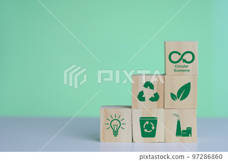 Net zero green technology innovation eco carbon renewable energy business Circular Economy concept with wood cube blocks. 97286860