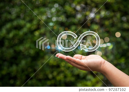 hand hold the circular economy icon.ecological economy concepts, global warming and greenhouse gas reduction with sustainable economy and future growth environment . hand hold the circular economy icon.ecological economy concepts, global warming and greenhouse gas reduction with sustainable economy and future growth environment . 97287102