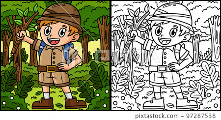 Earth Day Boy in Forest Coloring Page Illustration 97287538