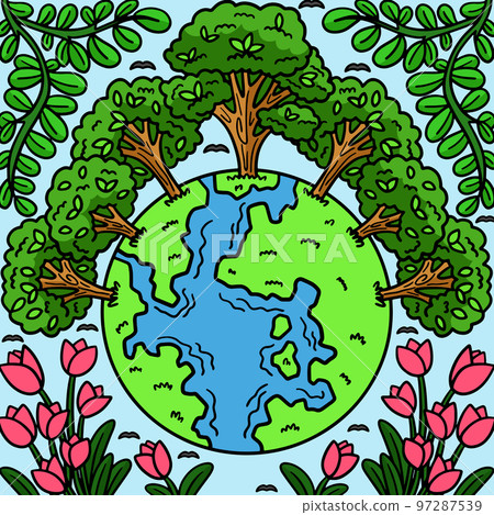 Earth Day Trees Crowning Earth Colored Cartoon 97287539