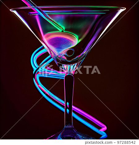 colorful cocktail in glass with splashes and lemon on dark background. Party club entertainment. Mixed light 97288542