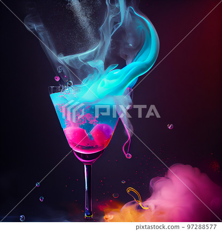colorful cocktail in glass with splashes and lemon on dark background. Party club entertainment. Mixed light 97288577
