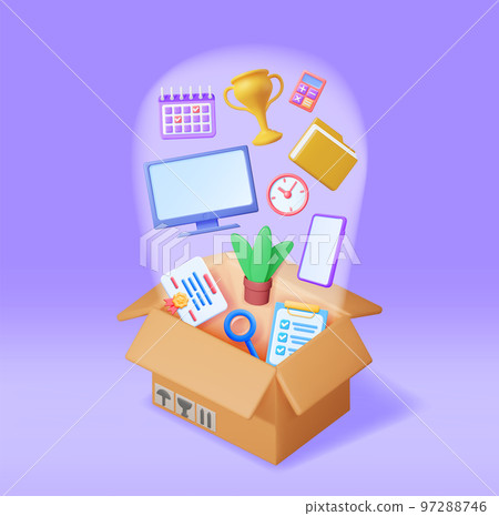 3D Cardboard Box Full of Office Stuff 3D Cardboard Box Full of Office Stuff 97288746
