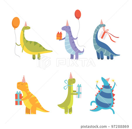 Cute Dinosaurs in Party Hats with Gift Boxes Celebrating Happy Birthday Vector Set Cute Dinosaurs in Party Hats with Gift Boxes Celebrating Happy Birthday Vector Set 97288869