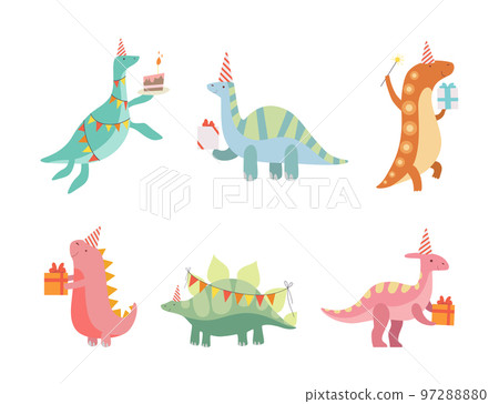 Cute Dinosaurs in Party Hats with Gift Boxes Celebrating Happy Birthday Vector Set Cute Dinosaurs in Party Hats with Gift Boxes Celebrating Happy Birthday Vector Set 97288880