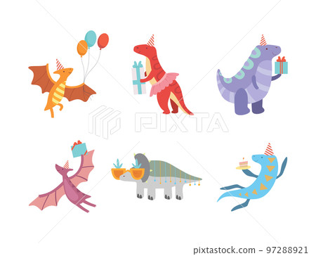 Cute Dinosaurs in Party Hats with Gift Boxes Celebrating Happy Birthday Vector Set Cute Dinosaurs in Party Hats with Gift Boxes Celebrating Happy Birthday Vector Set 97288921