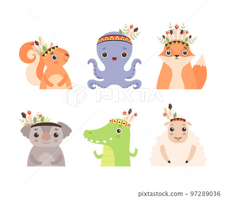 Funny Animals with Indian Feathers and Tribal Band on Their Head Vector Set 97289036