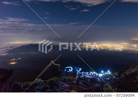 Light leading to the summit of Mt.Fuji in summer 97289094