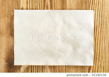 Flat lay wooden table with paper sheet 97290136