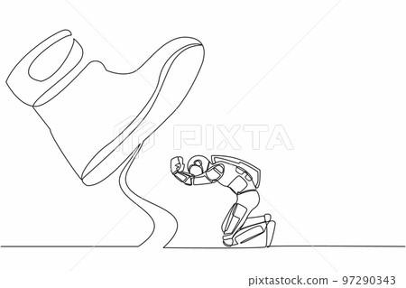 Single continuous line drawing young astronaut kneel down under giant feet. Concept for science authority, exploitation, dictator figure. Cosmonaut deep space. One line draw design vector illustration Single continuous line drawing young astronaut kneel down under giant feet. Concept for science authority, exploitation, dictator figure. Cosmonaut deep space. One line draw design vector illustration 97290343