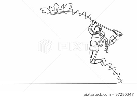 Single one line drawing young astronaut try to catching flying crown with butterfly net. Royal and luxury outer galaxy kingdom. Cosmic galaxy space. Continuous line graphic design vector illustration 97290347