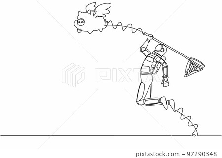 Continuous one line drawing young astronaut try to catching flying piggy bank with butterfly net. Money saving for spaceship investment. Cosmonaut outer space. Single line design vector illustration 97290348