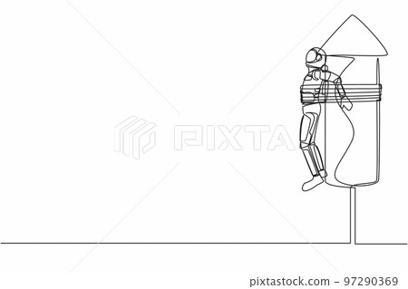 Single continuous line drawing young astronaut being tied to launching rocket, feeling anxious and scared. Future spaceship development. Cosmonaut deep space. One line draw design vector illustration 97290369