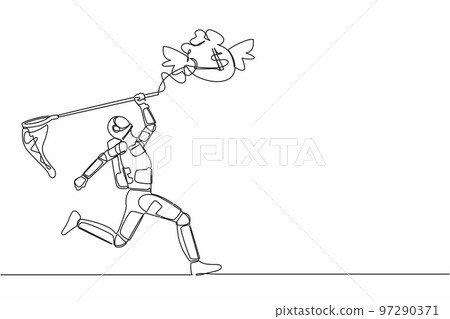 Single continuous line drawing of astronaut try to catch flying money bag with butterfly net. Achieving profit goal for spaceship development. Cosmonaut deep space. One line design vector illustration 97290371