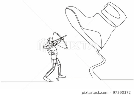 Single one line drawing young astronaut aiming bow against giant shoes stomping. Spaceman archery against giant foot step. Cosmic galaxy space concept. Continuous line draw design vector illustration 97290372