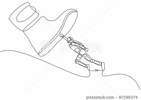 Single continuous line drawing young astronaut flying with jetpack against giant shoes stomping. Spaceman fly up against giant foot step. Cosmonaut deep space. One line draw design vector illustration 97290374