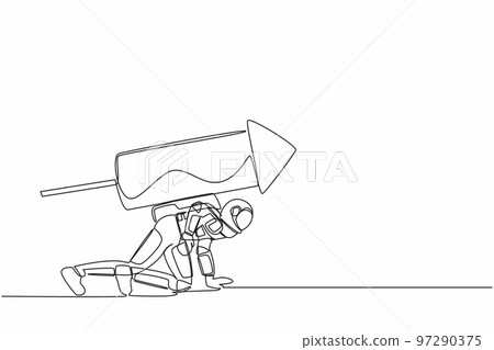 Continuous one line drawing young astronaut with rocket on back stand on start ready for spaceship expedition race. Cosmonaut outer space concept. Single line draw graphic design vector illustration Continuous one line drawing young astronaut with rocket on back stand on start ready for spaceship expedition race. Cosmonaut outer space concept. Single line draw graphic design vector illustration 97290375