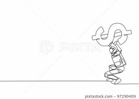 Single continuous line drawing astronaut carrying heavy dollar symbol on his back. Overworked and debt pressure in space company. Cosmonaut deep space. One line draw design vector graphic illustration 97290409