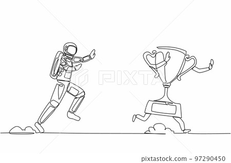 Single one line drawing young astronaut run chasing trophy in moon surface. Victory and award for galactic exploration. Cosmic galaxy space concept. Continuous line graphic design vector illustration 97290450