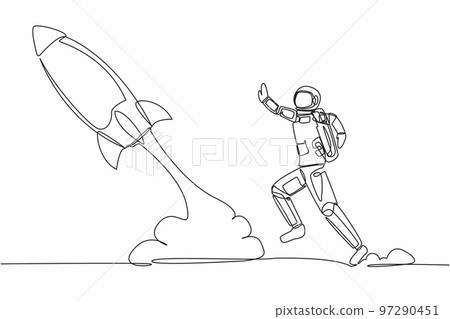 Continuous one line drawing young astronaut run chasing rocket take off in moon surface. Left behind departure back to earth. Cosmonaut outer space concept. Single line draw design vector illustration 97290451