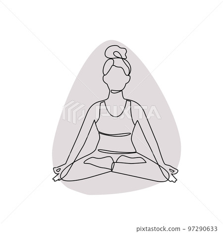 Single line drawing of a girl sitting in a yoga pose with abstract shape background Single line drawing of a girl sitting in a yoga pose with abstract shape background 97290633