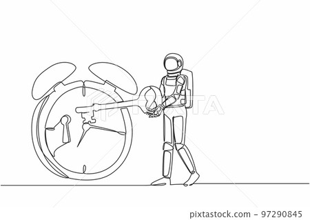 Single one line drawing astronaut putting key into alarm clock. Deadline work and time management in spaceship launch planning. Cosmic galaxy space. Continuous line graphic design vector illustration Single one line drawing astronaut putting key into alarm clock. Deadline work and time management in spaceship launch planning. Cosmic galaxy space. Continuous line graphic design vector illustration 97290845