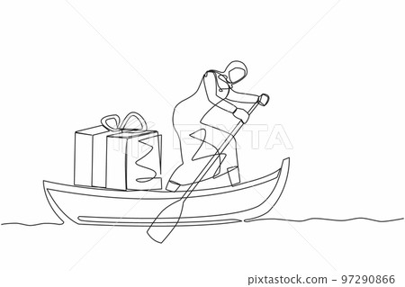 Single one line drawing Arabian businesswoman standing in boat and sailing with gift box. Giving prizes to outstanding employees. Appreciation from company. Continuous line design vector illustration 97290866