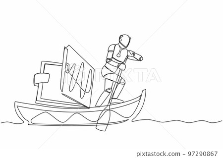 Continuous one line drawing robot sailing away on boat with wallet. Problem in tech company due to economic crisis. Humanoid robot cybernetic organism. Single line design vector graphic illustration Continuous one line drawing robot sailing away on boat with wallet. Problem in tech company due to economic crisis. Humanoid robot cybernetic organism. Single line design vector graphic illustration 97290867