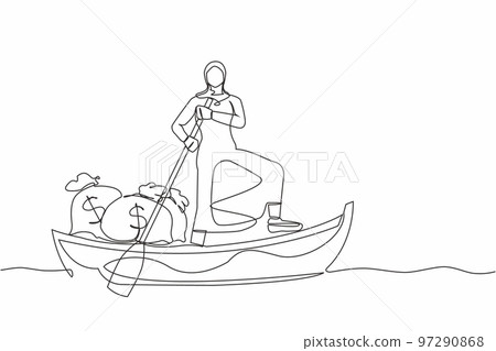 Single continuous line drawing Arab businesswoman standing in boat and sailing with money bag. Financial profit, successful management. Escape with money. One line graphic design vector illustration 97290868