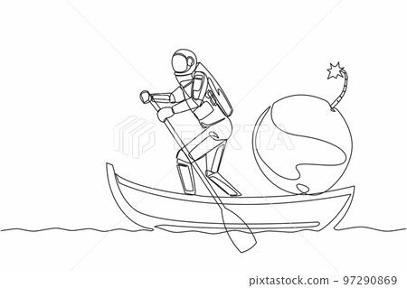 Single continuous line drawing astronaut sailing away on boat with bomb. Termination of space mission due to explosion world financial crisis. Cosmonaut deep space. One line design vector illustration Single continuous line drawing astronaut sailing away on boat with bomb. Termination of space mission due to explosion world financial crisis. Cosmonaut deep space. One line design vector illustration 97290869