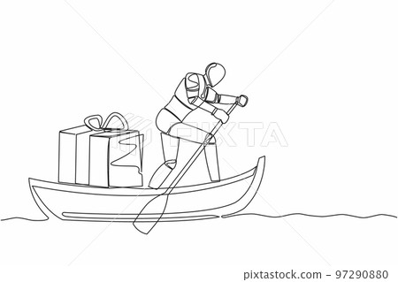 Single continuous line drawing robot sailing away on boat with gift box. Prizes for outstanding tech processing. Future technology. Artificial intelligence. One line graphic design vector illustration Single continuous line drawing robot sailing away on boat with gift box. Prizes for outstanding tech processing. Future technology. Artificial intelligence. One line graphic design vector illustration 97290880