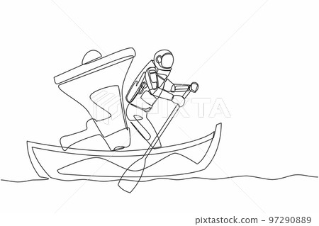 Single continuous line drawing young astronaut sailing away on boat with megaphone. Command control room for space mission analysis. Cosmonaut deep space. One line graphic design vector illustration Single continuous line drawing young astronaut sailing away on boat with megaphone. Command control room for space mission analysis. Cosmonaut deep space. One line graphic design vector illustration 97290889