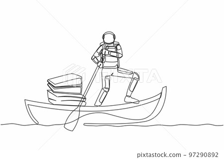 Continuous one line drawing young astronaut sailing away on boat with stack of papers. Manage digital document in spaceship company. Cosmonaut outer space. Single line draw design vector illustration Continuous one line drawing young astronaut sailing away on boat with stack of papers. Manage digital document in spaceship company. Cosmonaut outer space. Single line draw design vector illustration 97290892