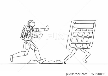 Single one line drawing young astronaut chasing calculator in moon surface. Calculation of costs for space exploration. Cosmonaut deep space concept. Continuous line design graphic vector illustration 97290893
