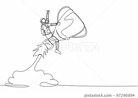 Continuous one line drawing astronaut riding trophy rocket flying in moon surface. Improve science capabilities to win competition. Cosmonaut outer space. Single line draw design vector illustration Continuous one line drawing astronaut riding trophy rocket flying in moon surface. Improve science capabilities to win competition. Cosmonaut outer space. Single line draw design vector illustration 97290894