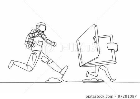 Continuous one line drawing of young astronaut run chasing wallet in moon surface. Digital wallet managed by satellite technology. Cosmonaut outer space concept. Single line design vector illustration 97291087
