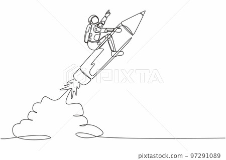 Single continuous line drawing young astronaut riding pencil rocket flying in moon surface. Education to realize spaceship technology. Cosmonaut deep space. One line graphic design vector illustration 97291089