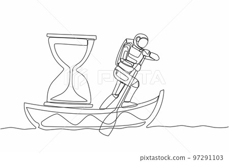 Single continuous line drawing young astronaut sailing away on boat with hourglass. Mission deadline in spaceship exploration. Cosmonaut deep space concept. One line graphic design vector illustration Single continuous line drawing young astronaut sailing away on boat with hourglass. Mission deadline in spaceship exploration. Cosmonaut deep space concept. One line graphic design vector illustration 97291103